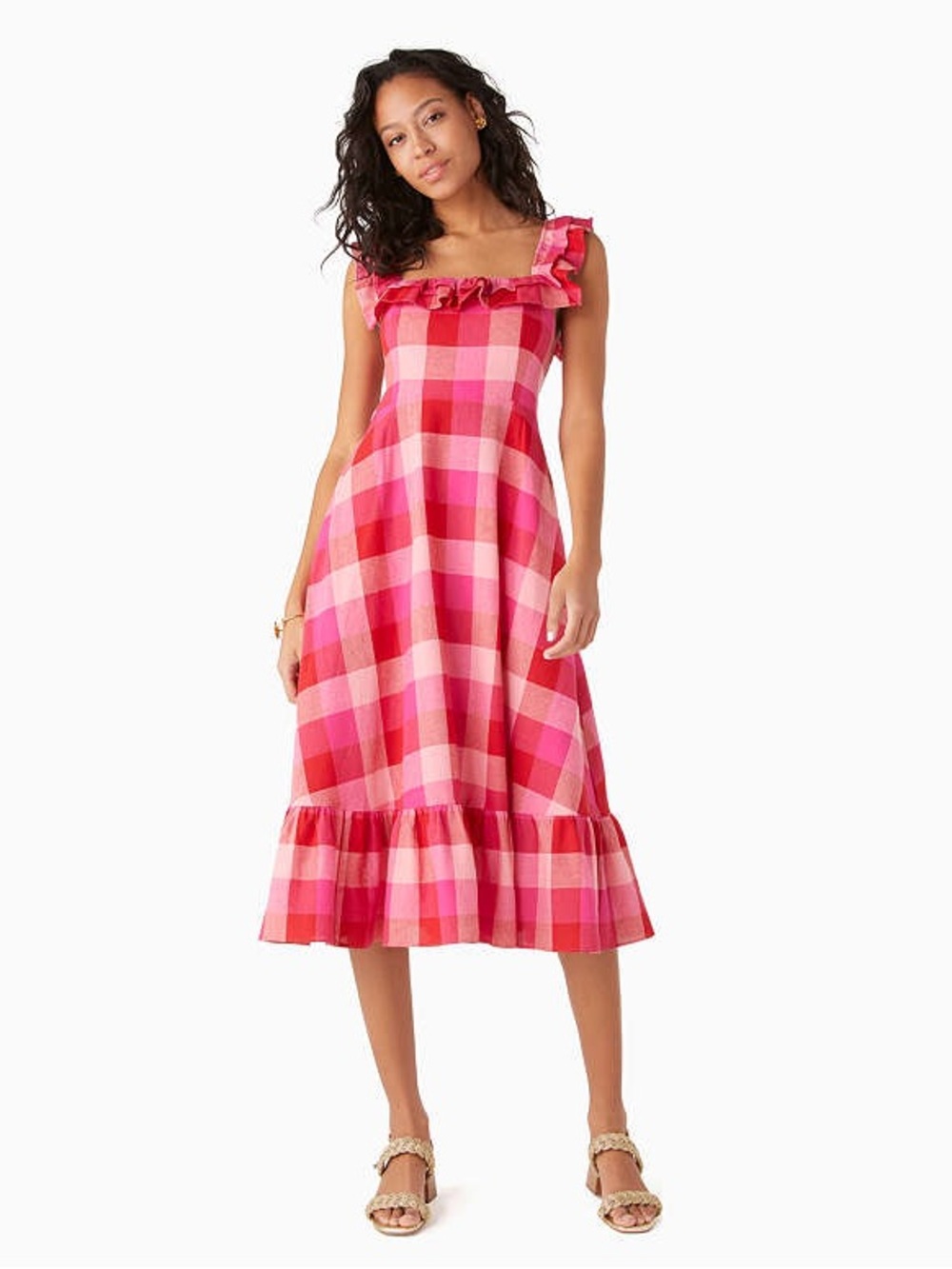 Kate Spade Picnic Woven Ruffle Linen Blend Midi Dress Pink Red Gingham Plaid S